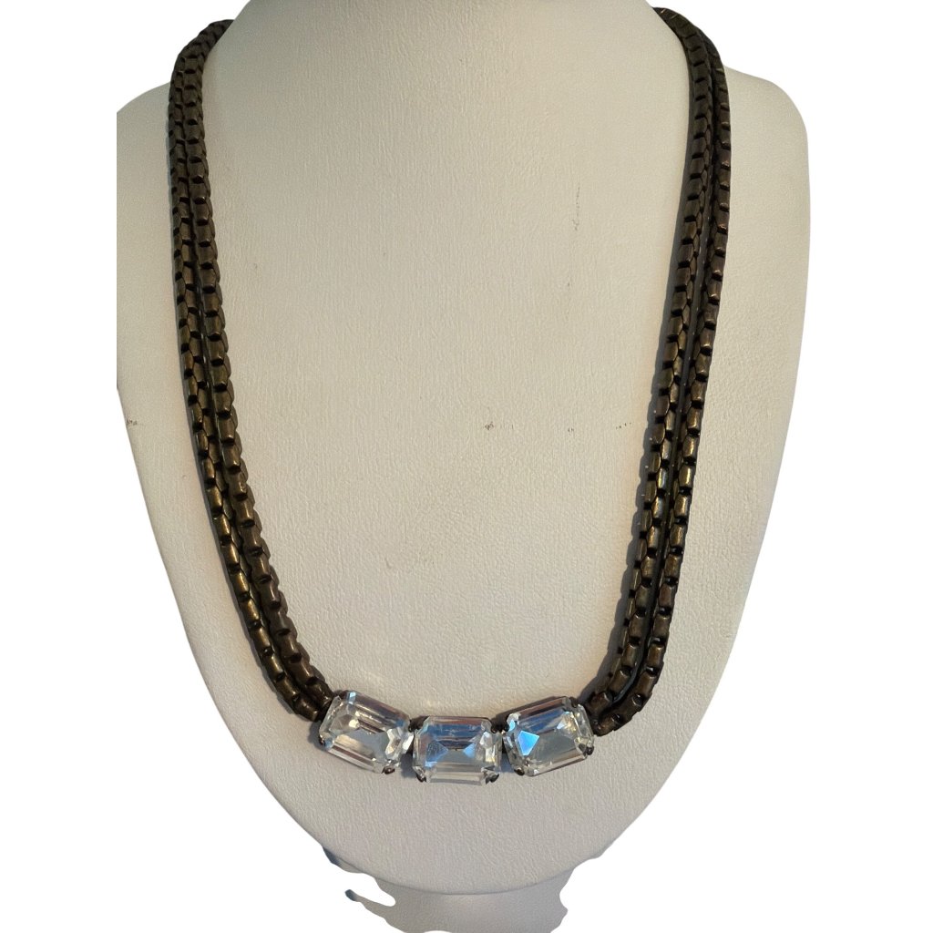 Vtg J Crew Bronze Tone Necklace Brilliant Clear Rhinestones Double Strand Estate 67$